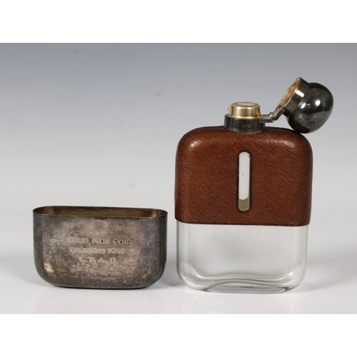 1427 - Aviation interest - A presentation glass, silver plate leather clad ¬ pint hip flask Bayonet fitting... 