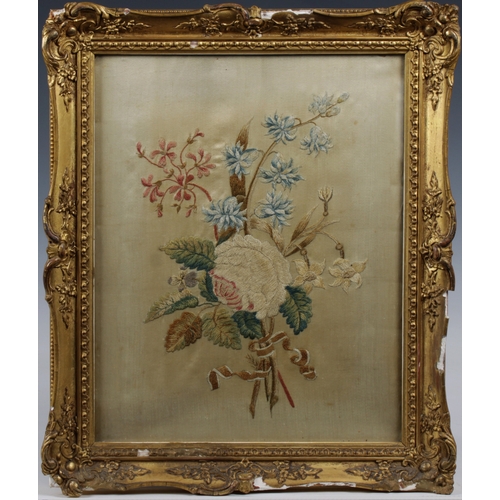 1451 - Three 19th century framed silk embroidery of flowers c.1830, to include a oval example with Verre g... 