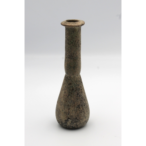 1455 - A ancient Roman glass bottle possibly 2nd - 3rd Century AD bulbous green glass body with flared neck... 