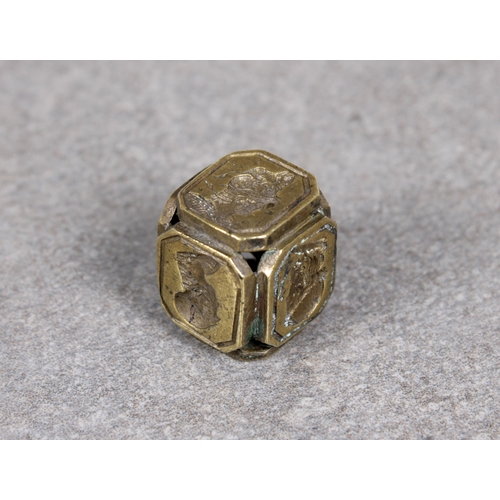 1490 - A small Victorian gilt brass wax seal stamp cube with six intaglio matrices depicting famous figures... 