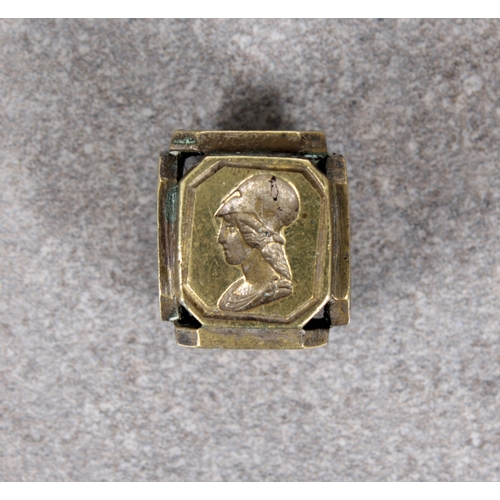 1490 - A small Victorian gilt brass wax seal stamp cube with six intaglio matrices depicting famous figures... 