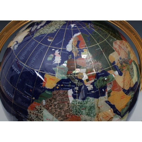 1491 - Modern semi-precious stone revolving world globe & compass on brass stand 46«cm. diameter.