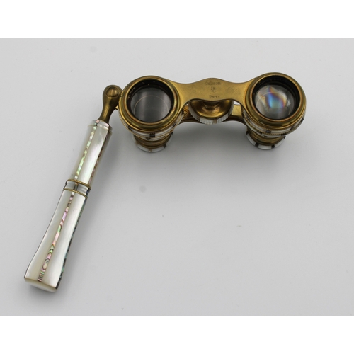 1514 - A pair of French handled mother of pearl & abalone binocular opera glasses with brass accents stampe... 