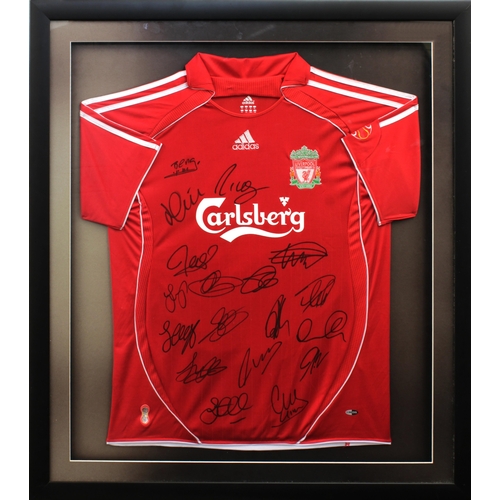 1523 - A framed and glazed Liverpool 2006-08 short-sleeved home football shirt, Size XL, Adidas, signed by ... 