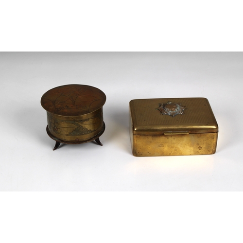 1537 - Trench Art - A Coldstream Guards brass cigarette box and a tobacco box of rectangular form, the lid ... 