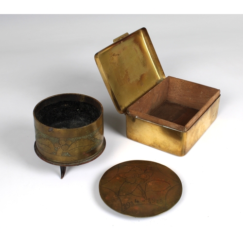 1537 - Trench Art - A Coldstream Guards brass cigarette box and a tobacco box of rectangular form, the lid ... 