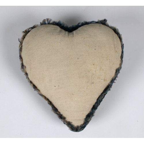 1539 - A Royal Guernsey Light Infantry sweetheart's pin cushion in the form of a heart, worked in pale blue... 