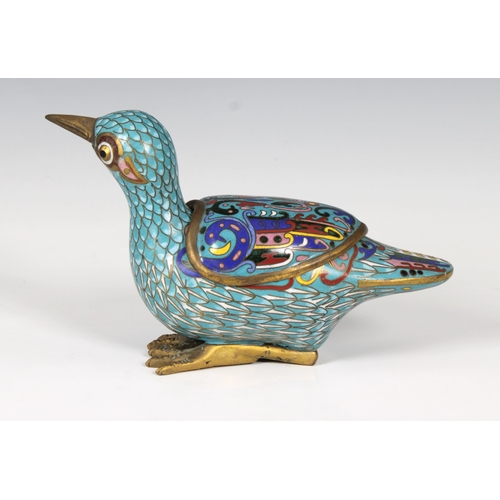 701 - A Chinese cloisonn bird form censer and cover polychrome enamels on a turquoise ground, 13cm high.