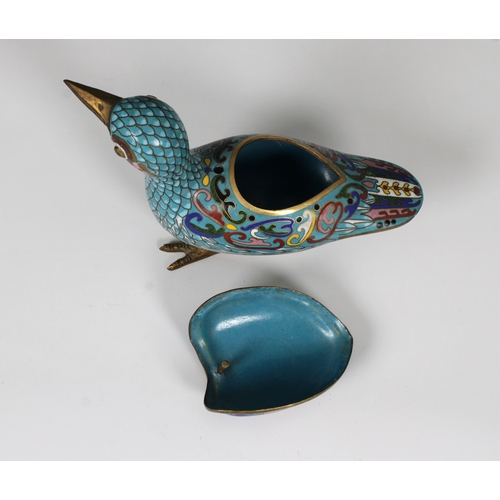 701 - A Chinese cloisonn bird form censer and cover polychrome enamels on a turquoise ground, 13cm high.