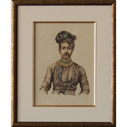 705 - Indian School (20th Century) Study of a nobleman, ink and gouache embellished with imitation jewelry... 