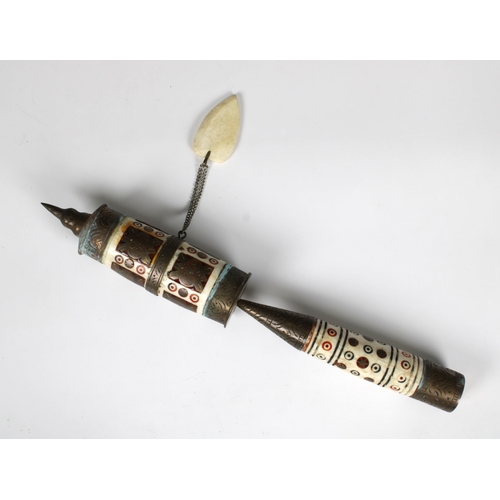 719 - A brass and bone prayer wheel Tibet, the bone handle with roundels, the brass decorated in stylised ... 