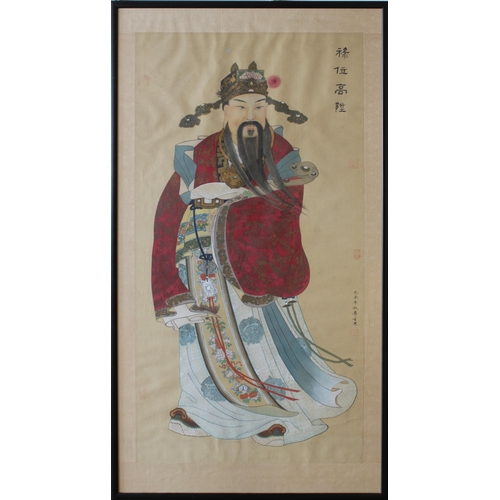 730 - A good Chinese painting of an Immortal Shown standing in flowing robes holding a ruyi scepter, gouac... 