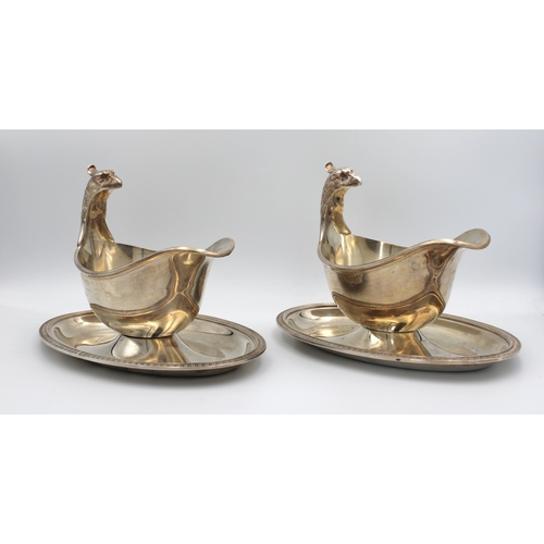 1042 - A pair French Christofle Silver Plate Malmaison Eagle Handle Gravy Boats on integral tray 22.8cm. lo... 