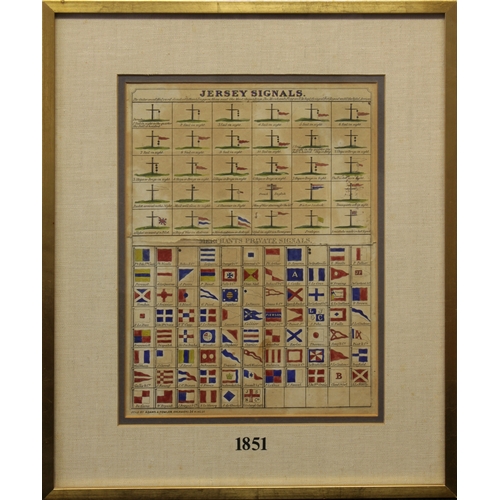 512 - Jersey Signals & Merchants Private signals hand coloured engraving, pub. Jersey, 1851, framed, 25 x ... 