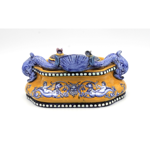 4 - A Gien faience double inkstand late 19th/early 20th century, the shaped inkwell with blue applied do... 