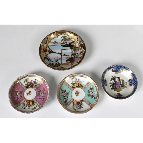 58 - Four miniature porcelain cups and saucers various underglaze factory marks beneath for Meissen, Hele... 