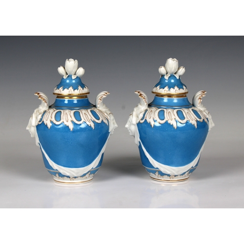 6 - A pair of early 19th century Berlin KPM porcelain covered jars blue and white glaze with gilded high... 