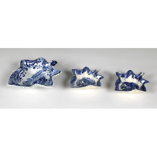 62 - Three early 19th century transfer printed blue and white ceramic pickle dishes vine leaf form, one n... 