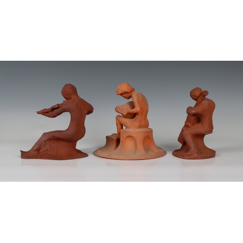 92 - Guernsey Studio pottery - Elizabeth Ann Macphail (1939-89) Three unglazed musicians to include a lut... 