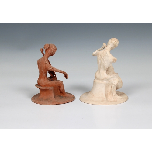 98 - Guernsey Studio pottery - Elizabeth Ann Macphail (1939-89) Two unglazed cellist or double bass playe... 