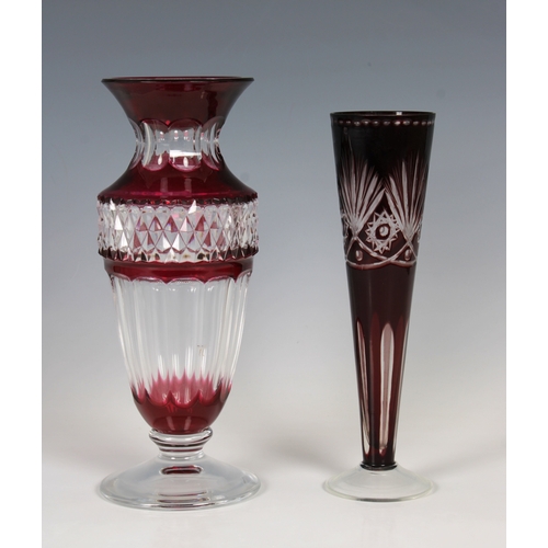 131 - A Val Saint Lambert clear and cranberry cut crystal vase signed beneath, 25cm. high, together with a... 