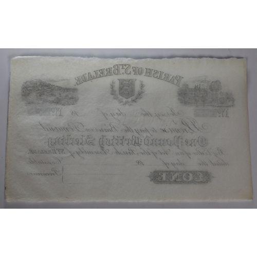 205 - BRITISH BANKNOTE - 19th century unissued Parish of St Brelade, Jersey, (1) one pound banknote 18-, ... 