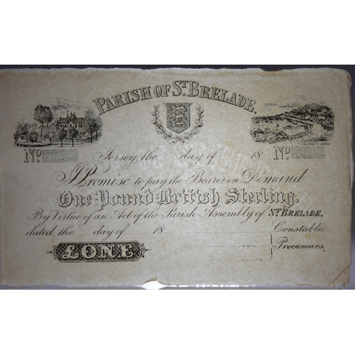 211 - BRITISH BANKNOTE - 19th century unissued Parish of St Brelade, Jersey, (1) one pound banknote 18-, ... 