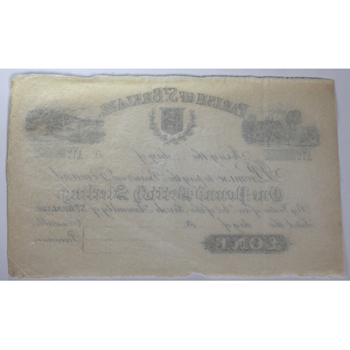 211 - BRITISH BANKNOTE - 19th century unissued Parish of St Brelade, Jersey, (1) one pound banknote 18-, ... 