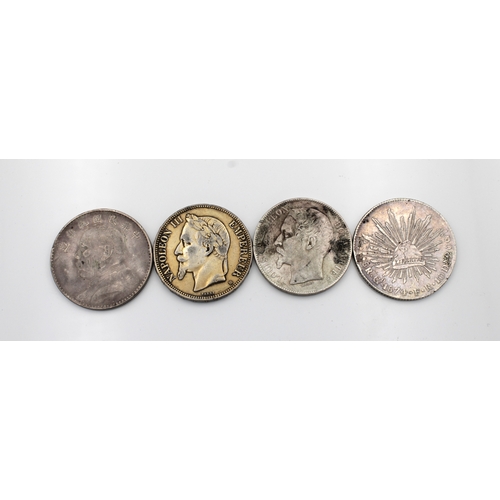 218 - Four Worldwide antique silver coins to include a 1914 Chinese Fat Man Dollar (.890); 1874 Mexico 8 R... 