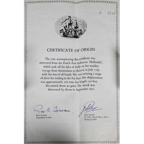 222 - HOLLANDIA SHIPWRECK COIN - A 1740 Philip V of Spain Pillar Dollar (Piece of Eight) recovered from th... 