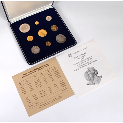 236 - Jersey 1972 Royal Wedding Anniversary gold and silver proof cased coin set comprising 50, 25, 20,... 