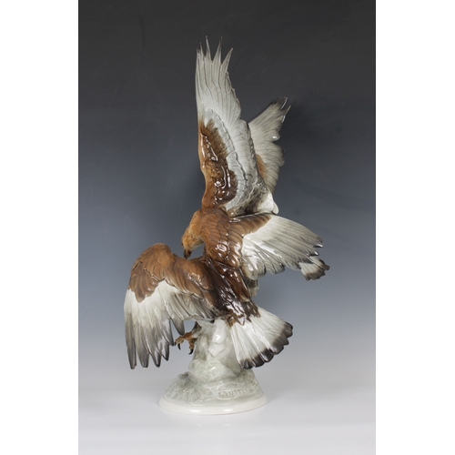 1 - Hutschenreuther Porcelain Bird Group - Two Golden Eagles in flight green company mark, design by Kar... 