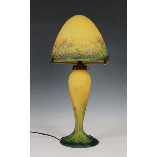 130 - A Le Verre Francais yellow glass lamp and shadethe domed shade with polychrome inclusions on corresp... 