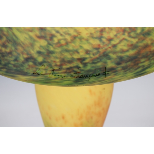 130 - A Le Verre Francais yellow glass lamp and shadethe domed shade with polychrome inclusions on corresp... 