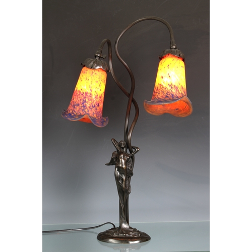 132 - A French Art Nouveau bronze and glass twin headed lamp by Les Lumieres de Nancythe orange and blue s... 