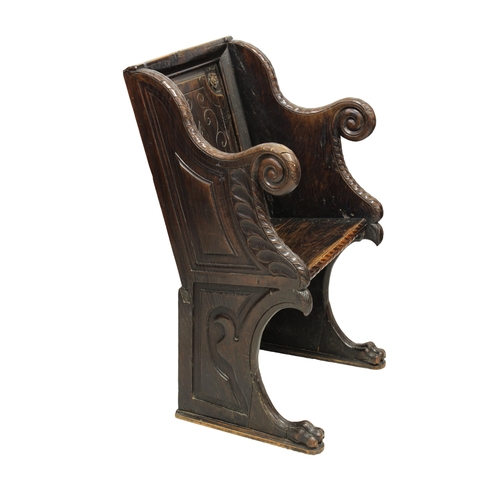 143 - A 17th century oak Wainscot chairfoliate carved back, scrolling down swept arms, bracket supports wi... 