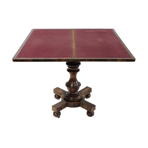 159 - A nineteenth century rosewood card tablethe fold out top opening to a purple baize playing surface, ... 