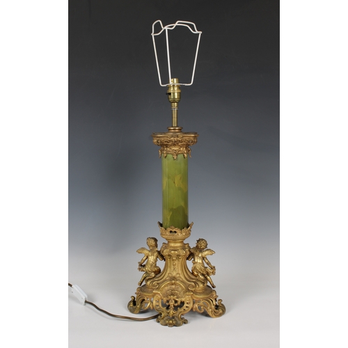 178 - A 20th century French Louis XVI style lampformed of an ormolu Corinthian capital above an green onyx... 