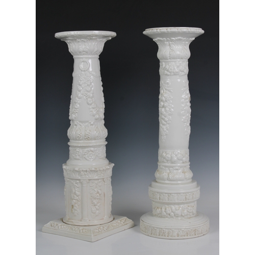 197 - Two Continental, 20th century, white ceramic circular pedestals with floral decorationone with a squ... 