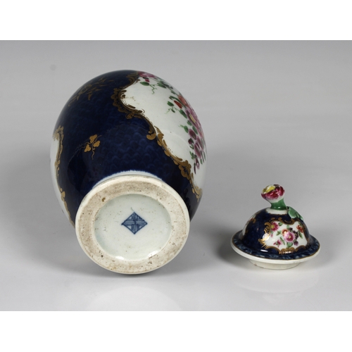 23 - A first period Worcester blue scale ground ovoid vase and coverc.1770, with blue square seal mark, p... 