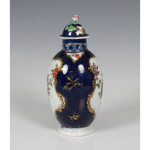 23 - A first period Worcester blue scale ground ovoid vase and coverc.1770, with blue square seal mark, p... 