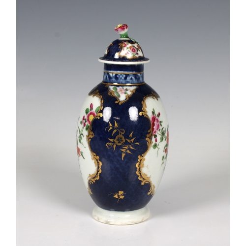 23 - A first period Worcester blue scale ground ovoid vase and coverc.1770, with blue square seal mark, p... 