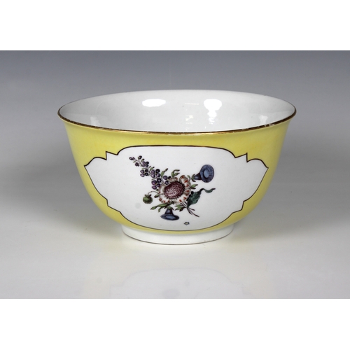 24 - A porcelain yellow-ground footed bowlprobably Meissen, painted floral bouquets within cartouches, gi... 