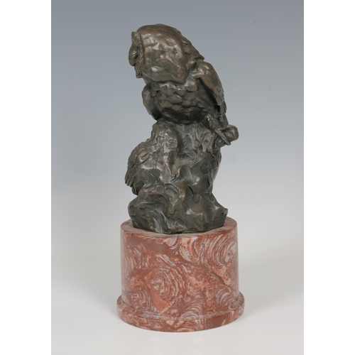 32 - Miguel Fernando L¢pez 'Milo' (b.1955) A bronze figure of two owlson rock, red ashlar marble plinth, ... 