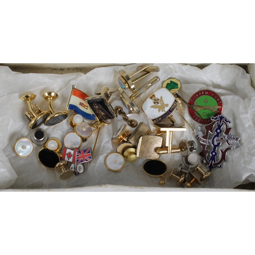 57 - A collection of dress studs, cufflinks and pin badges etcto include a set of three 18ct gold plated ... 