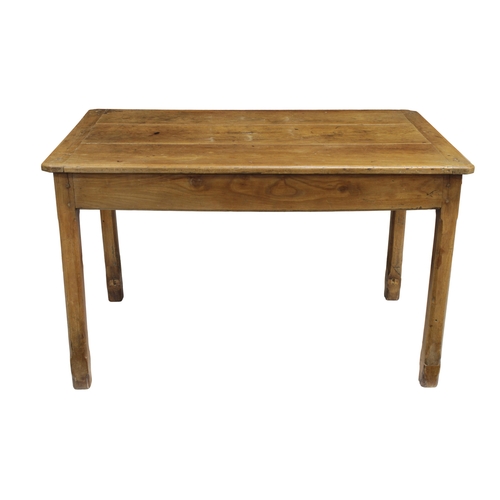 221 - An elm farmhouse tablethe three plank top with cleated ends above a frieze with single drawer and fo... 