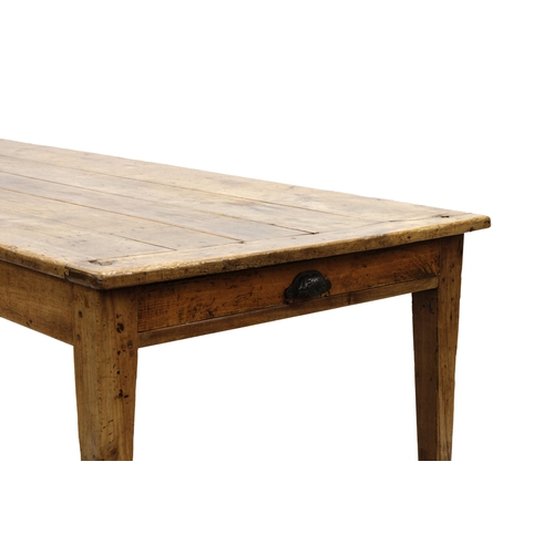 237 - A French cherry wood farmhouse tablethe plank top with cleated ends over a plain frieze with single ... 