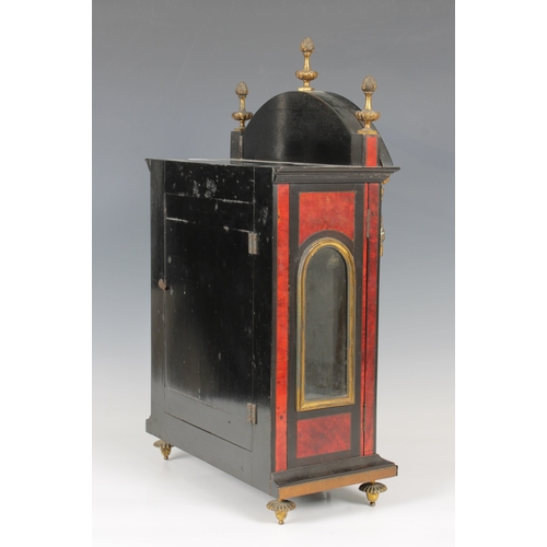 252 - A late 19th century Boulle work mantel clockRoman numerals to face, three flaming torch brass finial... 