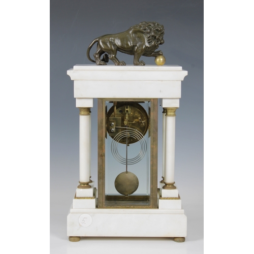 258 - A 19th century French Empire style portico clock by A. D. Mouginwith a bronze lion over an ormolu mo... 