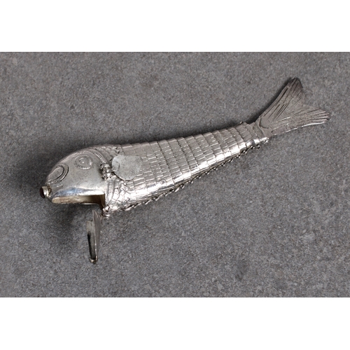 334 - An antique silver articulated fish spice box or snuffthe tail hallmarked, London, 1807, having hinge... 